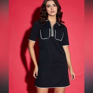 Zara Black Knit Polo Dress with White Trim and Gold Zip